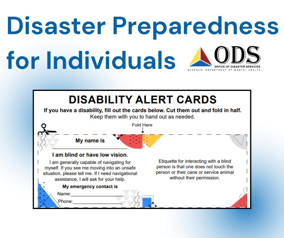 DMHDisaster's tweet photo. The Disaster Preparedness for Individuals guide features printable disability alert cards. These can be a critical communication tool for individuals with intellectual and/or developmental disabilities. Find printable versions of the cards here: https://t.co/dD2k6beQsM https://t.co/JlCc6xL7cI