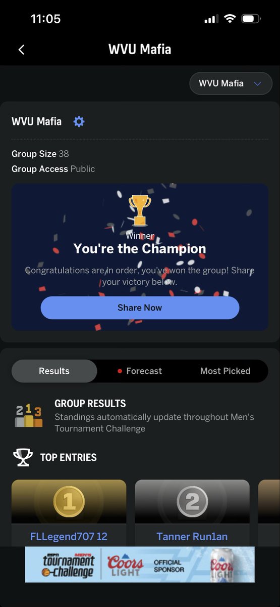 FLLegend707's tweet photo. @mountaineerjdub Hi! It looks like I won the bracket challenge, can you DM me and let me know what you need from me? Thanks! https://t.co/BbJgCWrrhH