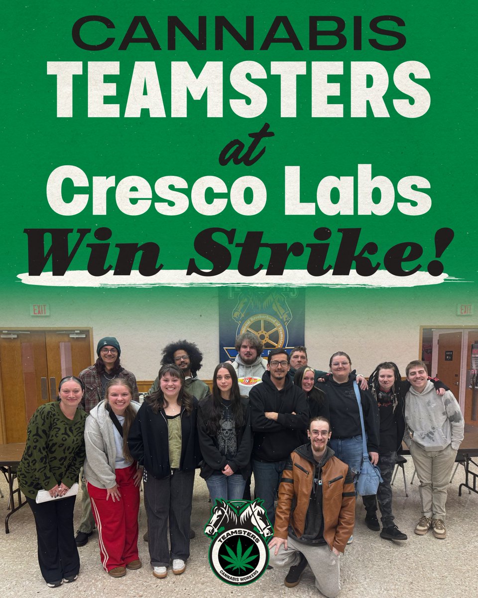 Teamsters's tweet photo. After 20 days on strike, Teamsters Local 429 members at Sunnyside Dispensary in Wyomissing, Pa., have secured a new contract. Sunnyside is a subsidiary of Cresco Labs, a publicly-traded multi-state cannabis operator.

The Teamsters contract includes major wage increases, improved health care benefits, guaranteed gratuities, protection from unjust discipline or termination, enhanced job security for part-time employees, and additional paid time off.

“We’ve made a real change to our workplace with this contract win,” said Cobi Motley, a wellness advisor at Sunnyside and Local 429 member. “For the first time, I feel like we are respected and our future is secure. This contract proves that standing together works.”