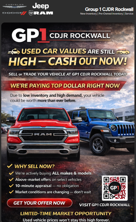 #UsedCarValues #SellYourCar #TradeIn #TopDollar #CarDealership #RockwallTX #TexasCars #CarSelling #CarTrade #Jeep #RAM #Chrysler #Dodge #CarAppraisal #CarMarket #CarOffers #WeBuyCars #CarDeal #AutoSales #CarOwners #DriveRockwall