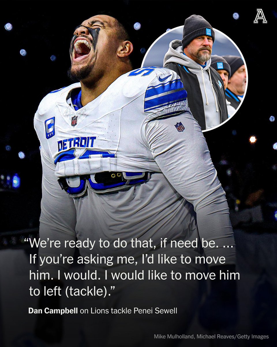 colton_pouncy's tweet photo. Dan Campbell wants to move Penei Sewell from right tackle to left tackle. 

On the pros and cons of a potential shift ⤵️ https://t.co/iolFoGihma