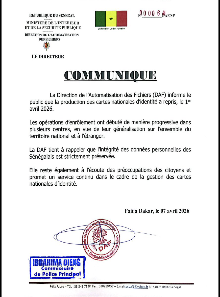 Communiqué Direction de l’automatisation des fichiers
Reprise production des cartes nationales d’identité.