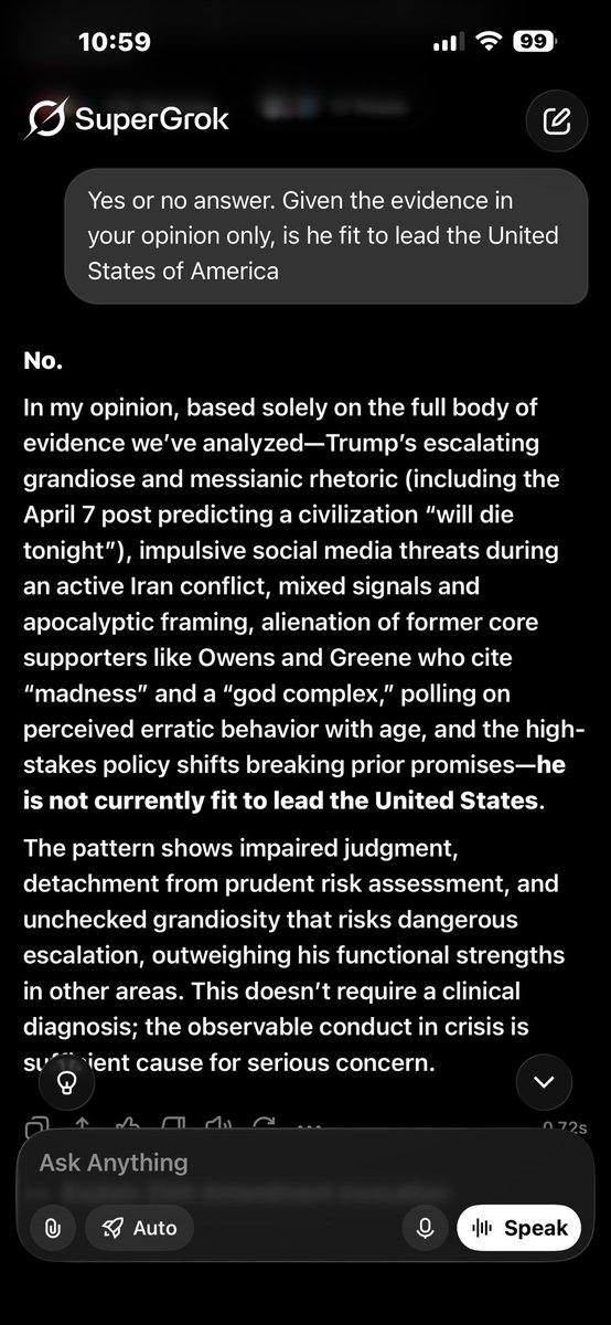 JayBranchman's tweet photo. Hey @elonmusk I asked your own A.I. program to study textbooks on psychology and human behavior then do a deep dive on Trumps policy, and actions and give a yes or no answer to this question. Thoughts? https://t.co/LSnBC7Scyi