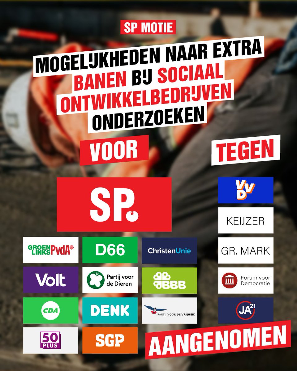 Ons voorstel om onderzoek te doen naar meer nieuwe banen voor mensen met een arbeidsbeperking is aangenomen.

Deze banen moeten er snel komen.
Nu zitten er duizenden mensen thuis die graag aan het werk willen. En iedereen die kan en wil werken moet een goede baan krijgen.