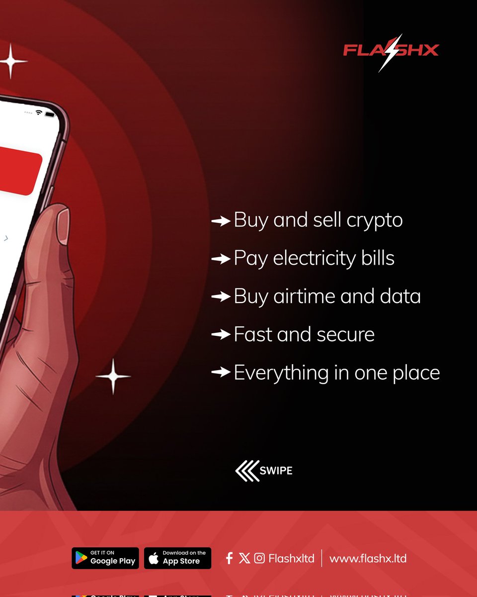 FlashX332's tweet image. Why juggle multiple apps when ONE does it all? 🔥
✅ Buy &amp;amp; sell crypto
✅ Pay electricity bills
✅ Buy airtime &amp;amp; data

Everything you need in one app, with zero stress.

👉 Switch to FlashX today and take control of your finances like never before.

#FlashX #CryptoLife #OneApp