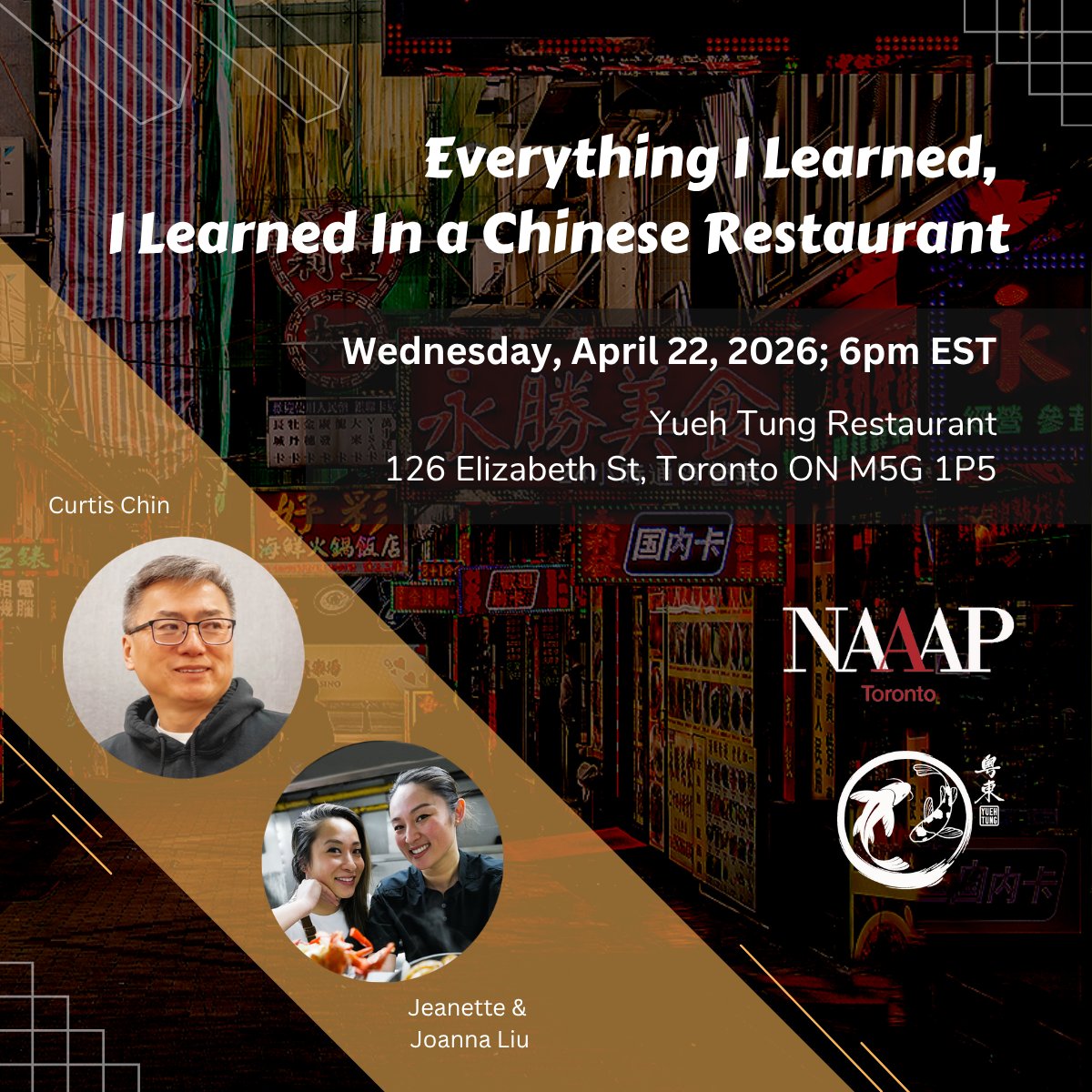 NAAAPToronto's tweet photo. Chinese restaurants are more than places to eat. They’re where resilience, leadership, and identity are built across generations.  Inspired by Curtis Chin and brought to life by Jeanette Liu &amp; Joanna Liu of Yueh Tung Restaurant. Full details https://t.co/TwJE9GNVap https://t.co/x7bErIoQhR
