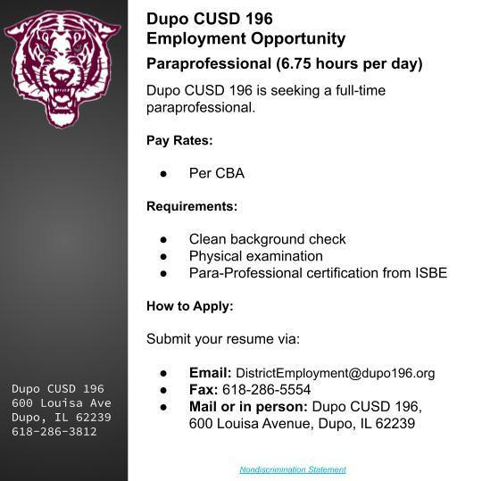 Dupo196's tweet photo. Dupo CUSD 196 is seeking a full-time paraprofessional. https://t.co/IJ766TANth