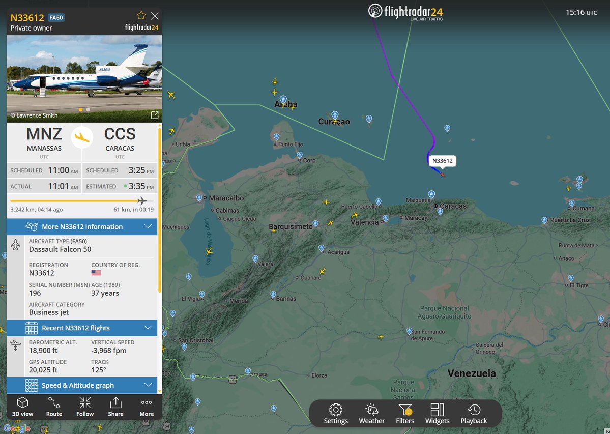Flightwatcher1's tweet image. PMDG FLIGHT OPERATIONS Falcon 50
Matricula: N33612
Hex: #a3aeaf
Desde Manassas🇺🇸 en su tercera visita a Caracas🇻🇪, la última fue el 29/03. 
#USA #Venezuela