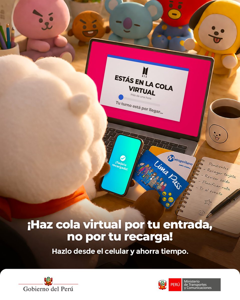 MTC_GobPeru's tweet image. ⚡️La preventa de #BTS ya comenzó 🎟️💜 y tu tiempo cuenta. ⏳

🙌🏻 Por eso recarga tu tarjeta del Metropolitano o Lima Pass desde el celular y muévete sin perder ni un minuto. 🚍

✅ Haz cola virtual por tu entrada, no por tu recarga. 😉

#MTC #ATU #army