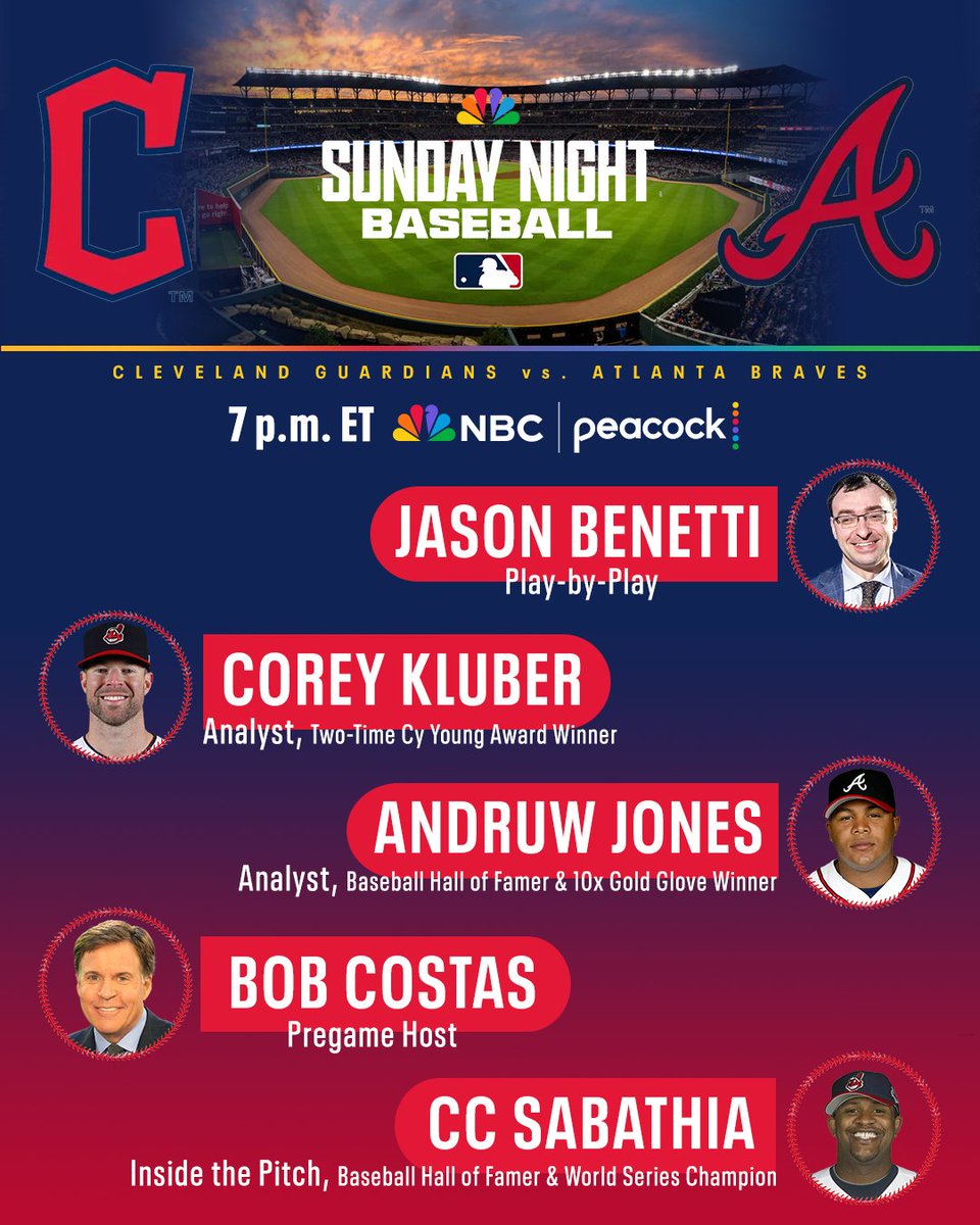 NBCSportsPR's tweet photo. Hall of Famers Andruw Jones and CC Sabathia, and Two-Time Cy Young Winner Corey Kluber join Sunday Night Baseball Announce Team for Guardians-Braves, this Sunday, April 12 at 7 p.m. ET on NBC and @peacock 

More:
https://t.co/21NsPQSdVV https://t.co/ZCzKpsOKod