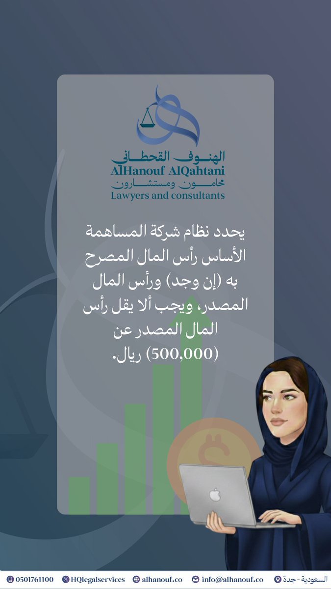 يحدد نظام شركة المساهمة الأساس #رأس_المال المصرح به (إن وجد) ورأس المال المصدر، ويجب ألا يقل رأس المال المصدر عن (500,000) ريال. 

#نظام_الشركات
#محاماة #قانون

لتعرف أكثر، تواصل معنا على واتساب الأعمال:
api.whatsapp.com/send/?phone=96…