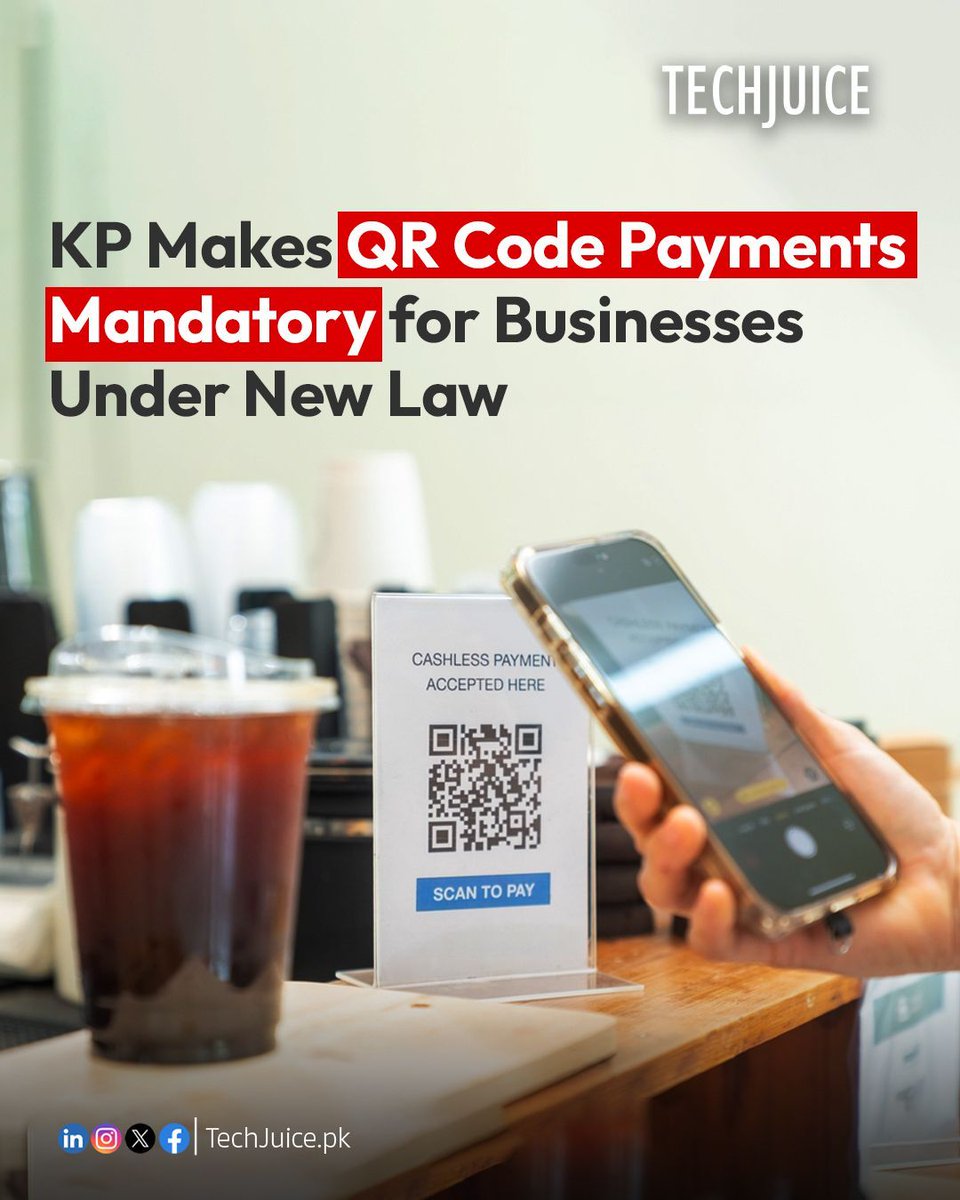 TechJuicePk's tweet image. KP makes QR code payments mandatory to push cashless economy.
The new law requires businesses across the province to adopt digital payments, aiming to improve transparency and accelerate financial digitization.

#techjuice #kp #digitalpayments #pakistan #technology