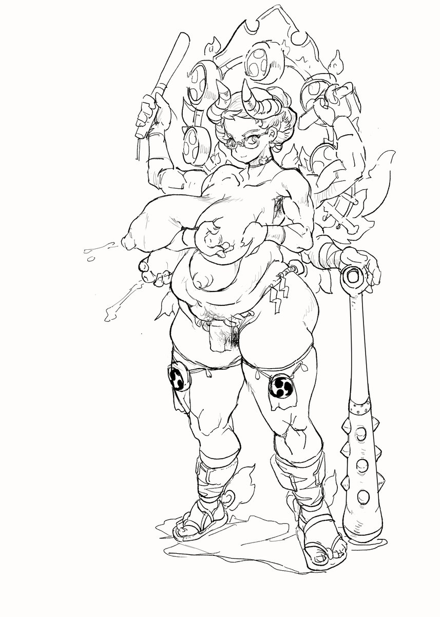 紙に描いた落書きをスキャンしないで、スマホで撮ってそれを元にデジタルイラストにしてる。でスマホで撮るときに、ワザとスマホを傾けて疑似パースみたいなるので楽しい。一枚目は頭部を大きめ、二枚目は足を大きくなるパースで、三枚目はそこから線画みたいな 