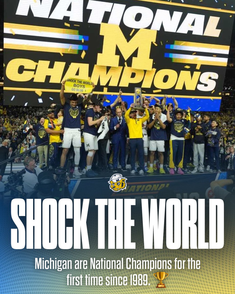 MICHIGAN ARE NATIONAL CHAMPIONS. 🏆〽️

69-63 over UConn.
History made.

The Wolverines bring the trophy back to Ann Arbor for the first time since 1989.

What a run. 🔥

#GoBlue #NationalChampions