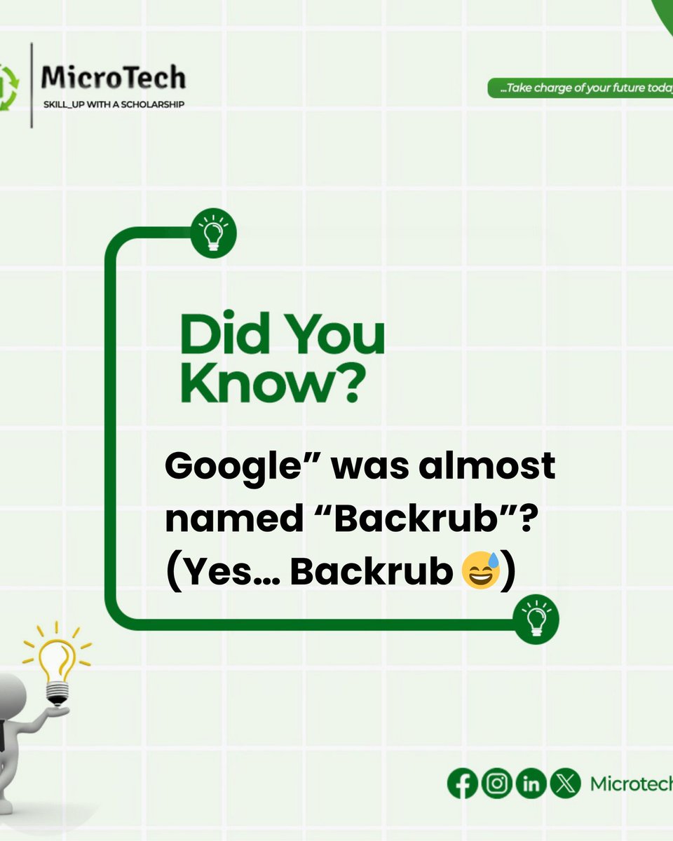 Imagine saying “just Backrub it” instead of “Google it” 😭

Yep—Google was almost called Backrub because it analyzed backlinks.

Crazy how something that big started that… weird 😅

Moral? Your rough idea might be gold. 

#techfunfacts #google #microtech