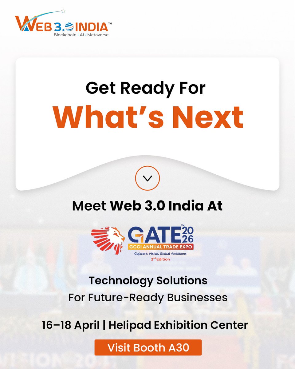 web30_india's tweet photo. Meet the experts from Web 3.0 India at GCCI Annual Trade Expo (GATE) 2026.
Let's discuss at our Booth A30.
π
16, 17 & 18 April 2026 π Helipad Exhibition Center, Gandhinagar
@gccigate
#Web30India #GATE2026 #DigitalTransformation https://t.co/BDKghO78Cj
