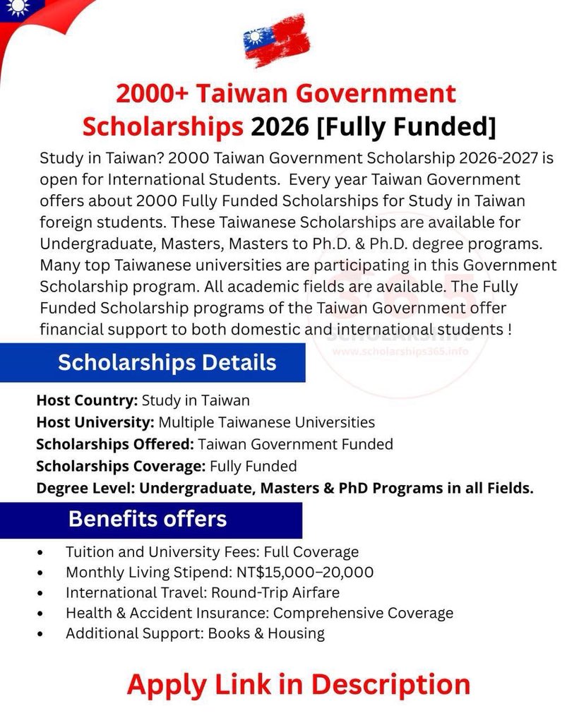 scholarship_365's tweet photo. #Taiwan_Scholarships 2026! 
2000+ Taiwan Government Scholarships 2026 is OPEN for worldwide students!

What’s Covered: [Fully Funded]
1) Tuition and University Fees: Full Coverage
2) Monthly Living Stipend: NT$15,000–20,000
3) International Travel: Round-Trip Airfare
4) Health & Accident Insurance: Comprehensive Coverage
5) Additional Support: Books & Housing

🎓 Undergraduate, Masters  & PhD Degree | All Fields

🔗 Apply Here: 👉 https://t.co/hqJml1WZMh

📢 TAG a friend | ❤️ LIKE | 🔁 SHARE

#scholarships365 #FullyFundedScholarship #StudyAbroad #Taiwan_government_scholarship #TaiwanScholarships @TW_nextmedia @MOFA_Taiwan  @gjtaiwan  @fb22674  @MoNDefense  @TaiwanNewsEN @twalerts @MOFAGambia @MOFA_Taiwan @Kemlu_RI  @MofaNepal