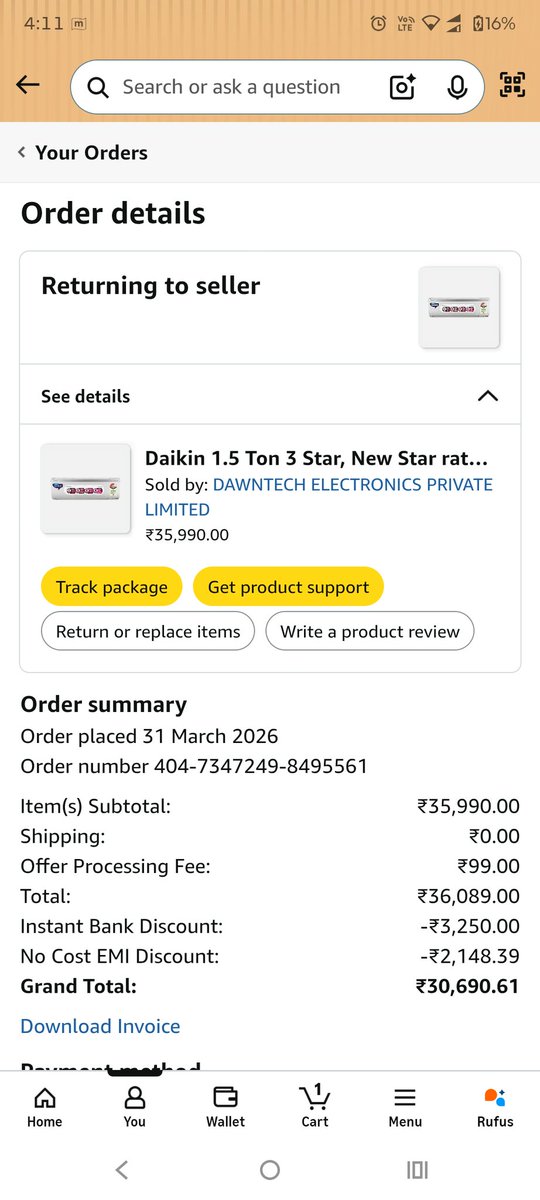 athudgar's tweet photo. @amazonIN your delivery partner came to my house and wanted to handover an indoor unit only. When i asked for outdoor unit? they said we received only an indoor unit from the depot. And they call someone and cancelled my order. I am very unhappy with your process. https://t.co/DAVPxjFrDZ