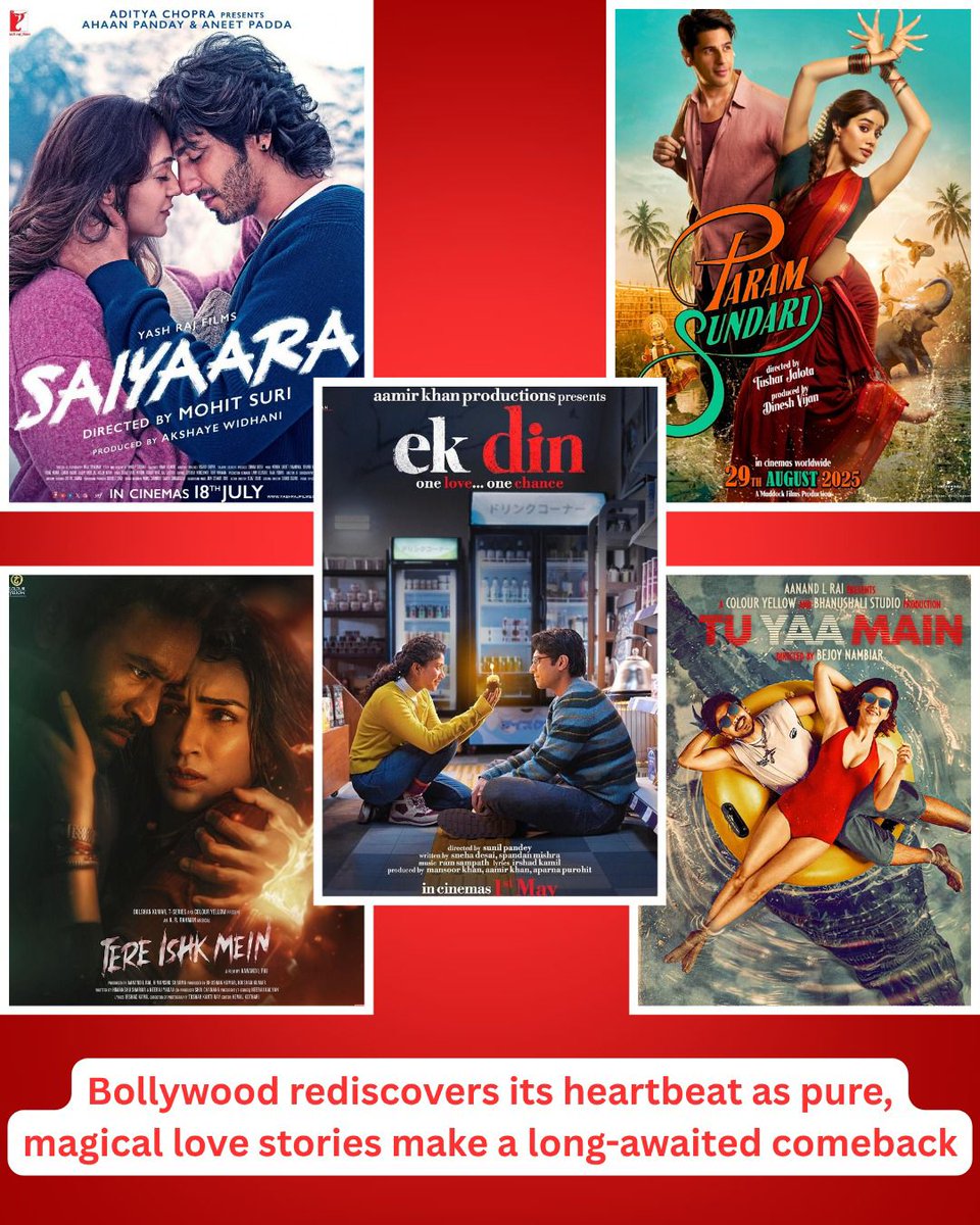 filmibeat's tweet image. With the upcoming #EkDin and films like #Param Sundari, #Tu Yaa Main, #Saiyaara, and #Tere Ishk Mein, Bollywood is rediscovering the charm of heartfelt storytelling, signalling the return of pure and magical love stories on the big screen.
#Bollywood #Filmibeat