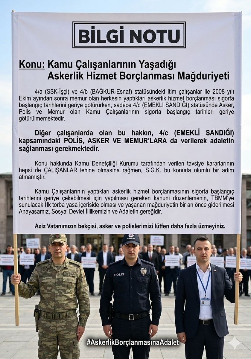 Akdeniz070107's tweet photo. LÜTFEN BİZİ UNUTMAYIN

Polislerin çözülmesi basit bütçeye hiç maliyeti olmayan sorunlardan biride; #AskerlikBorçlanması mağduriyeti

Artık mağduriyetimiz çözülsün istiyoruz.,.
@RTErdogan
@dbdevletbahceli
@mustafaciftcitr
@isikhanvedat
@csgbakanligi https://t.co/Q9jdroLldb