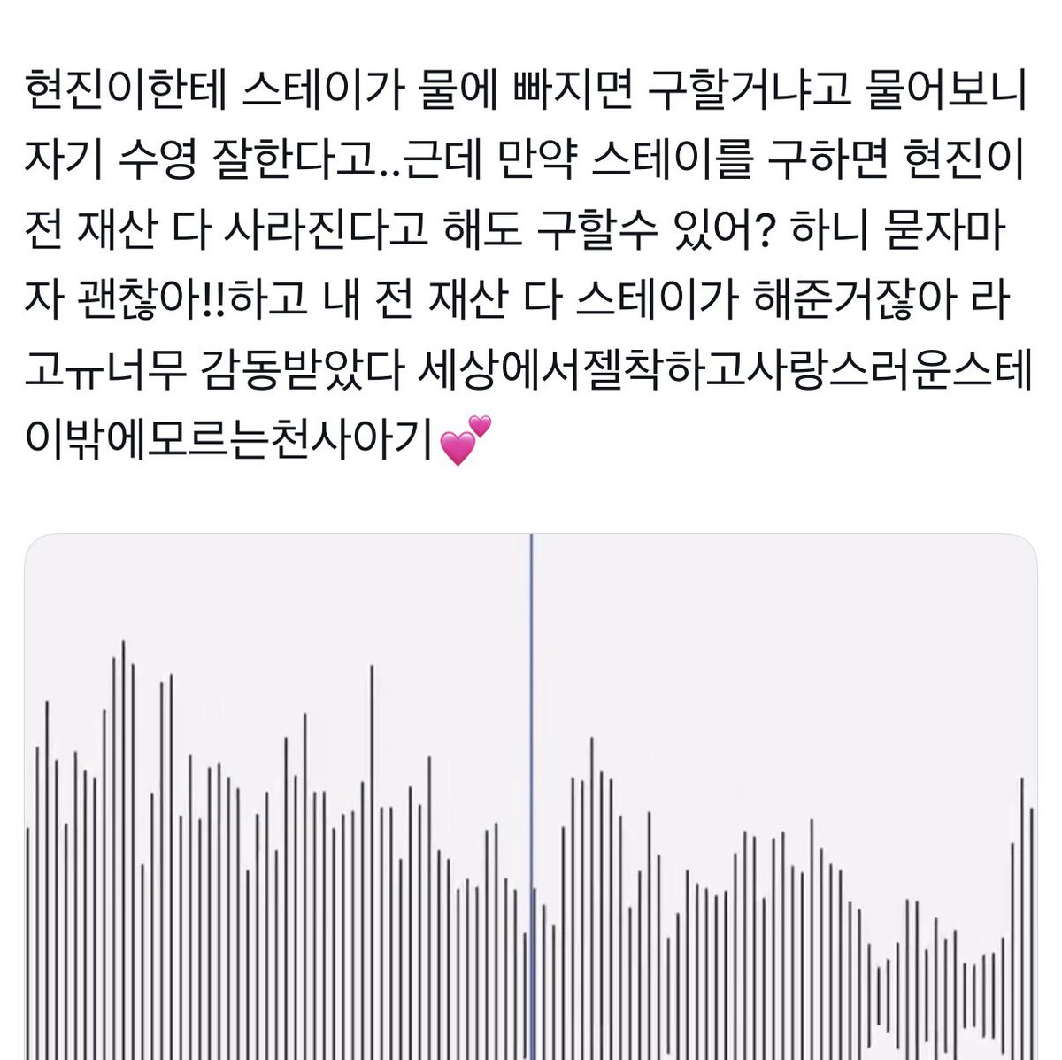 진심으로 현진님의 다정함이 더 붐업되어야 한다고 생각합니다
뭐이렇게 다정하고 착한 아이돌이 다 있어

팬싸에서 시간다됐다 하면 “방금 왔어요”

물에빠진 팬걸 도와주면 전재산 날라가는 설정 얘기하면 “괜찮아!! 내 전재산 다 스테이가 해준거잖아“
