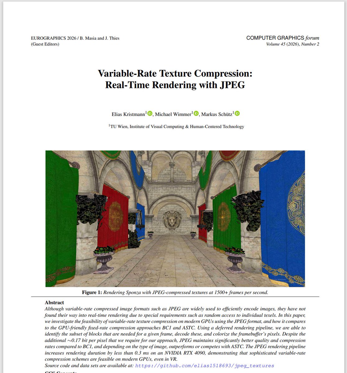 m_schuetz's tweet image. Elias is going to present our work on real-time rendering with JPEG-compressed textures next month at Eurographics!

eg2026.github.io/program/?type=…

github.com/elias1518693/j…