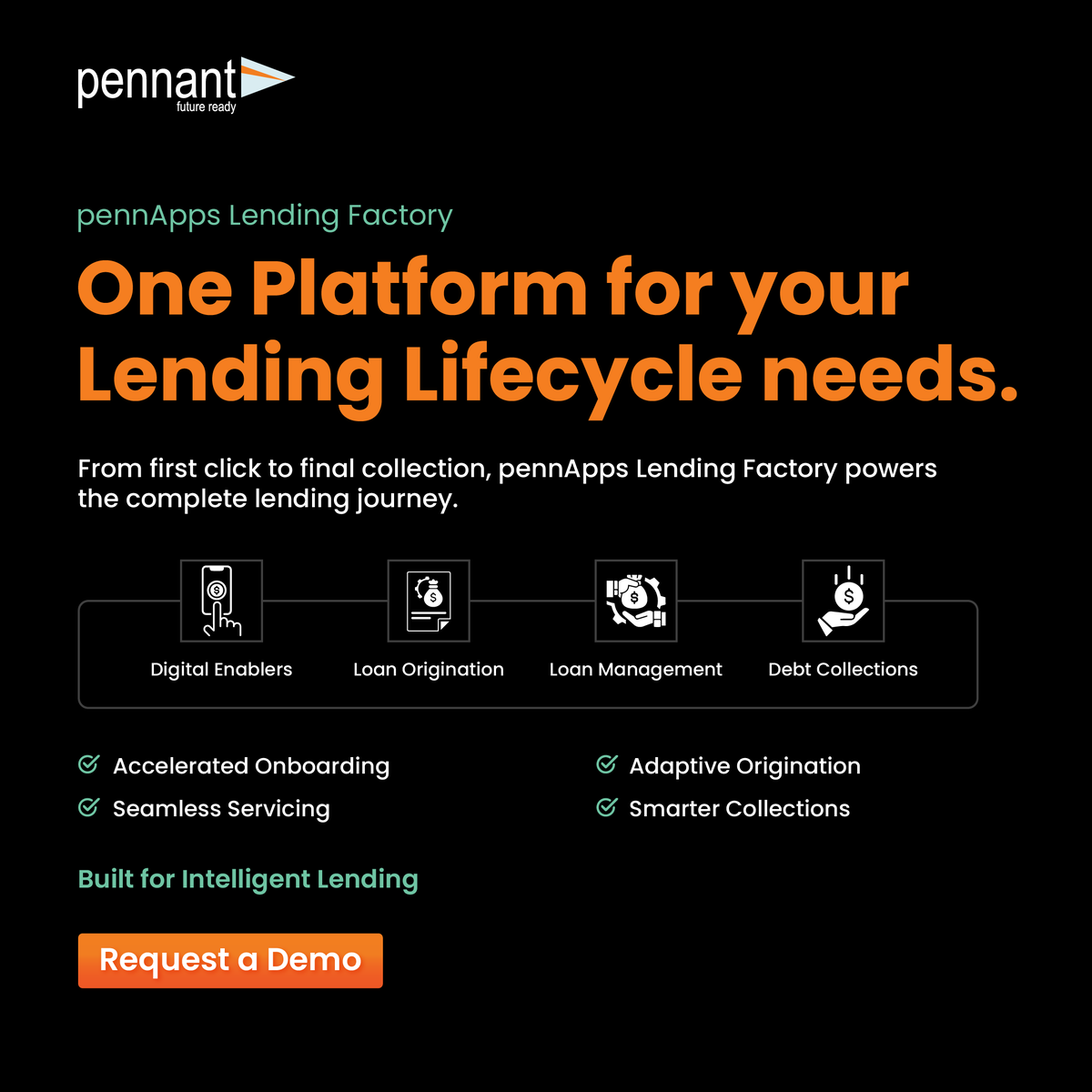 pennanttech's tweet photo. Lending doesn’t have to be fragmented.

Imagine origination, servicing, and collections flowing together, efficiently, intelligently, seamlessly.

pennApps Lending Factory brings it all together:
→ Digitise customer journeys and automate workflows across channels
→ Streamline loan origination with configurable workflows and seamless integrations
→ Manage loan portfolios with flexible servicing and repayment structures
→ Drive efficient collections with automated follow-ups, field mobility, and legal workflows

One platform. Entire loan lifecycle.
Simpler. Smarter. Faster.

👉 Request a demo: https://t.co/JOm2B3F8jl

#digitallending #fintech #nbfc #banking #loanorigination #loanservicing #bankingtechnology #lendtech #loanmanagement   #loanlifecycle #pennanttech