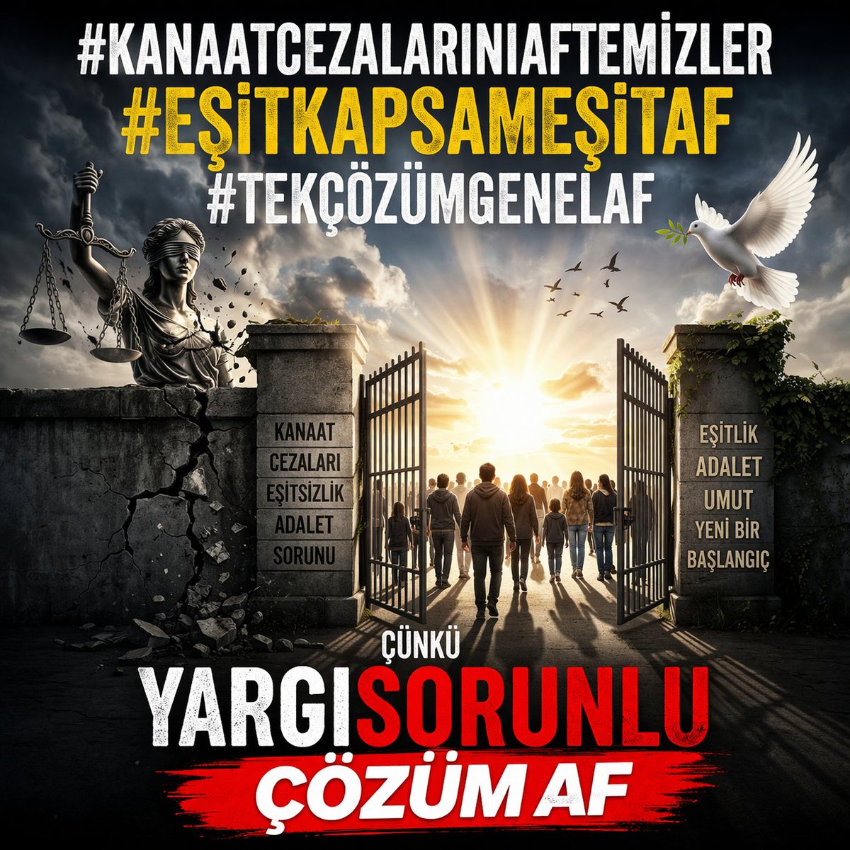 Cezaevlerinde umutlar yok oluyor! Adalet gecikirse toplum öfkeyle dolacak. Yetkililer, harekete geçin. #GenelAf zorunludur. #EşitKapsamEşitAF şarttır.
#KanaatCezalarınıAfTemizler
#EşitOlunEşitAffedin
Çünkü
⬇️
#PkkKadarSuçluDeğiliz
YargıSorunlu 
Çözüm GenelAf