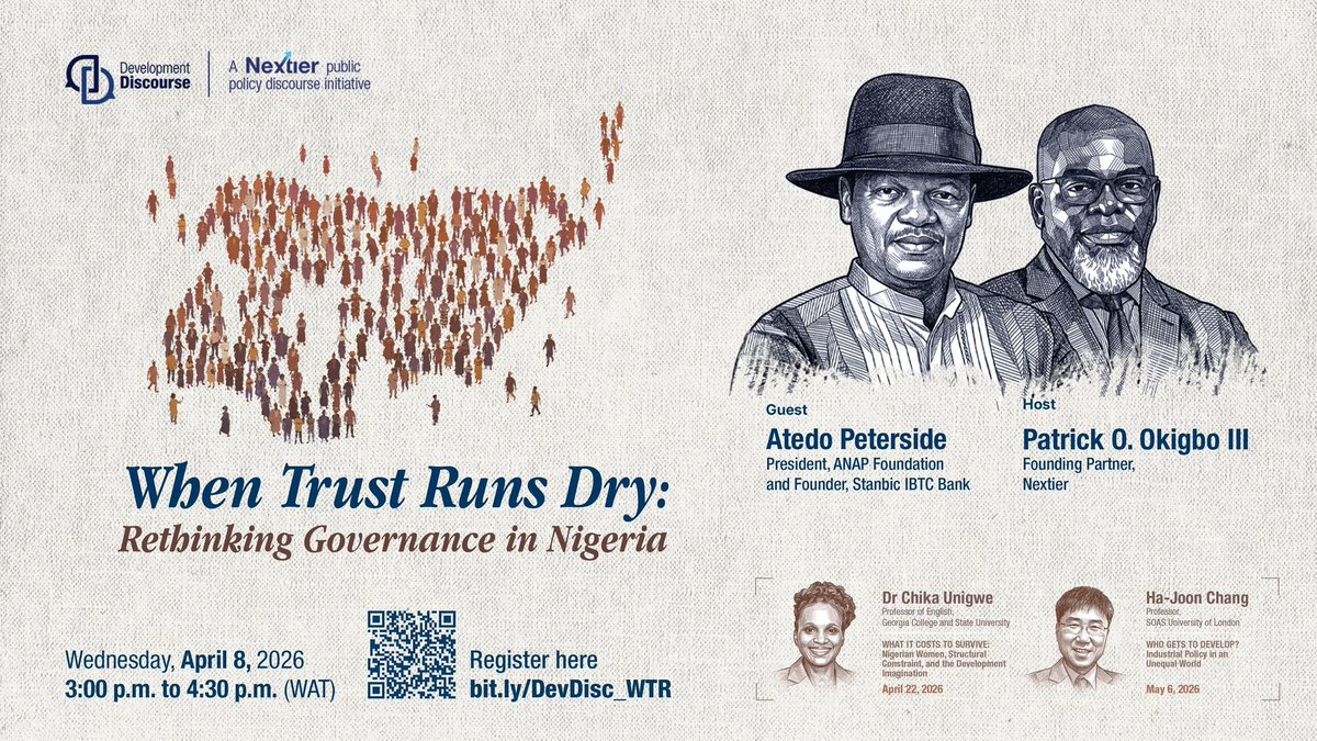 anapfoundation's tweet photo. Our President &amp; Founder @AtedoPeterside will be speaking with @pokigbo tomorrow (Wed 08 April) at 3.00pm on the topic, When Trust Runs Dry: Rethinking Governance in Nigeria. 

Register via link on flyer below to tune in &amp; join the conversation. @The_Nextier https://t.co/I9FOnOzLuz