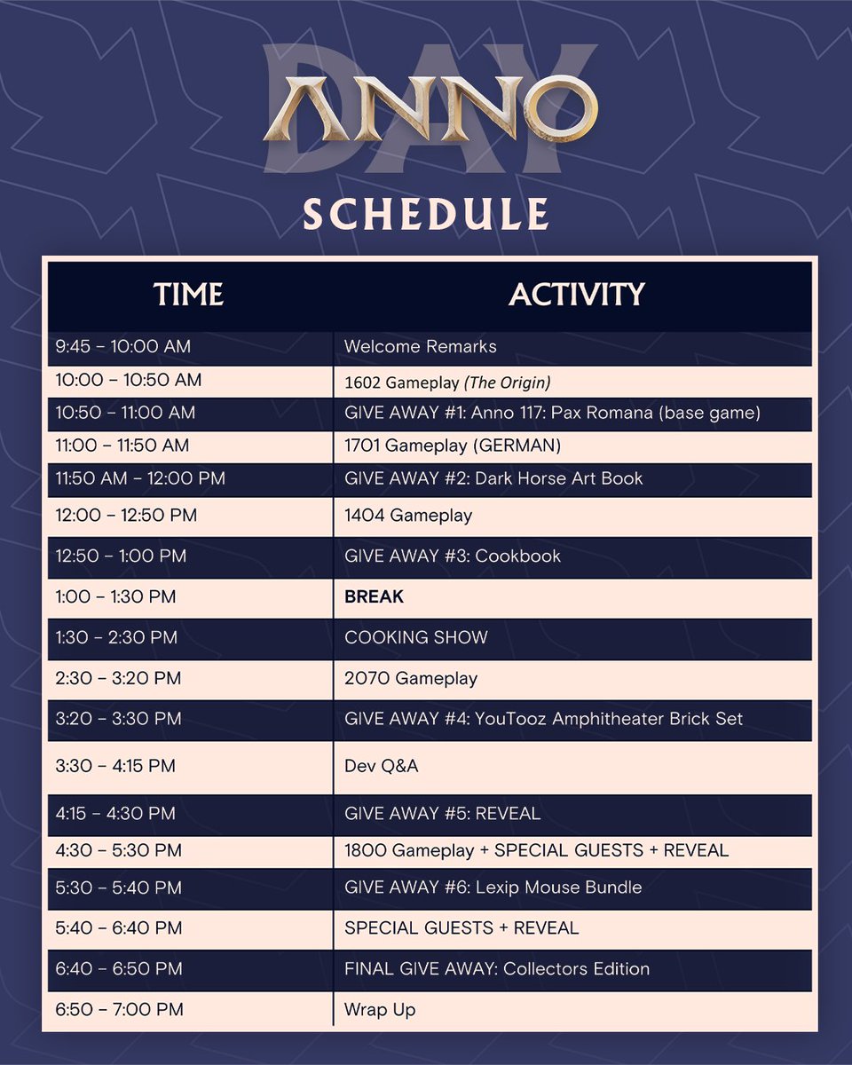 ANNO_EN's tweet photo. Get ready for #AnnoDay! We have a packed program with nostalgic gameplay segments as well as news on the upcoming DLC for #Anno117PaxRomana for you - all presented by the Anno dev team! https://t.co/uaomH236ME