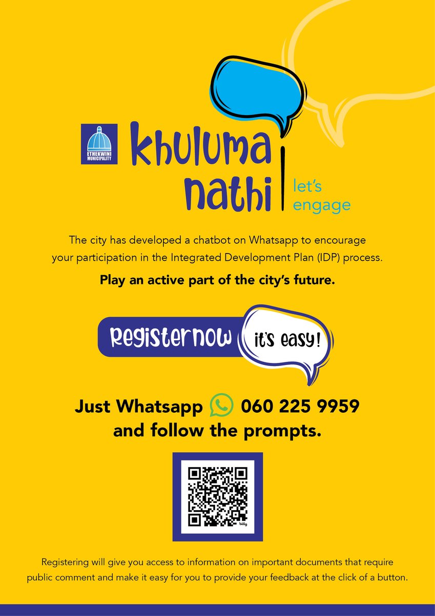 eThekwiniM's tweet image. The city’s Integrated Development Plan and Budget are open for public comment. Register now on the Khuluma Nathi chatbot to get regular updates and make it easier to provide your comment. 
#IDP
#Budget