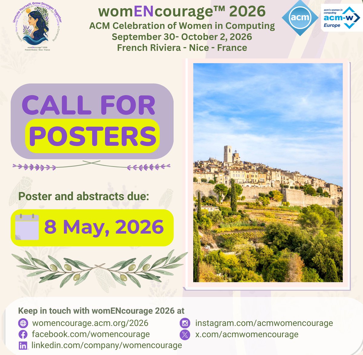 ACMwomENcourage's tweet photo. 📣 The Call for Posters for ACM womENcourage™ 2026 is OPEN! 🇫🇷💻
🗓️ Deadline: May 8 (AoE)
🔗 For full guidelines: https://t.co/m2eAruLXyL
#womENcourage2026 #CallForPosters #WomenInTech #ACM #AcademicTwitter #CSResearch https://t.co/OjFj0jALH5