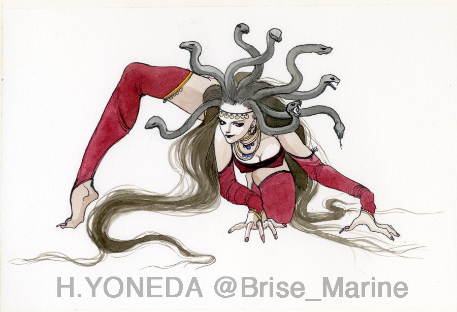 Sketch vs. Final ✍🏻☺️🎨
ENIX MYSTIC ARK Creature Design : Medusa
エニックス ミスティックアークのモンスターデザイン メドゥーサ。
怪物デザインは数が多いので着色は色が分かる程度です、CGで少しディテールアップしてみました。😁
#illustration #HitoshiYoneda #イラスト #米田仁士