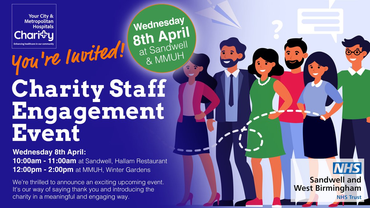 SWBHCharity's tweet photo. ✨ Join us at our Charity Staff Engagement Event!

📅 Wed 8 April
📍 Sandwell (10–11am) | Midland Met (12–2pm)

Celebrate our amazing colleagues 
Connect, share ideas &amp; learn how the charity supports you, plus a few surprises! 

Save the date &amp; come along! #NHS #Charity https://t.co/W1MNjkJoUd