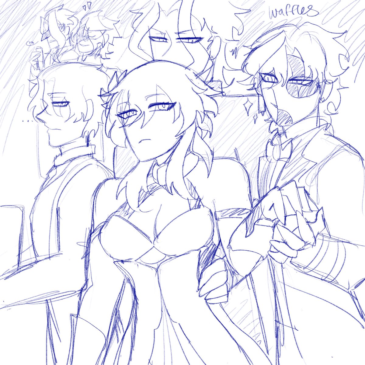 DragonDymn's tweet image. Segments-
She heard there were multiple versions of Dottore, but to see a handful in one place, certainly is a bit overwhelming. They rarely get willing visitors so Lumine’s arrival gets them excited. 

(Segment oc cameo in the back =) 

 #DottolumiWeek2026 #dottore #lumine