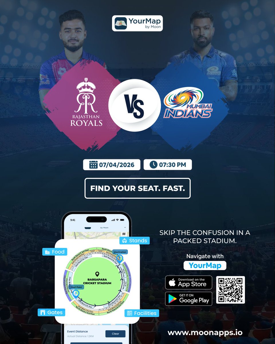 getmoonapps's tweet photo. Packed stadium. High stakes. No time to wander.

Find your gate, seat, food, and facilities—without missing a moment of Rajasthan Royals vs Mumbai Indians.

Stay focused on the match. We’ll handle the directions. 🏏📍

[Link in Bio]

#RRvsMI #IPL #MatchDay #StadiumExperience https://t.co/BKoxCKDV5t