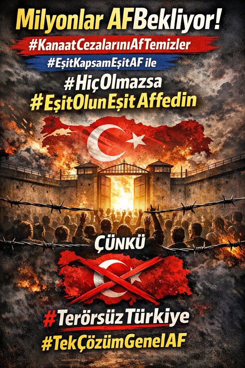 Beklenti büyüyor! Adalet gecikirse yaralar kapanmaz. Yetkililer, sorumluluğunuzu yerine getirin. #GenelAf şarttır. #EşitKapsamEşitAF gereklidir.
#KanaatCezalarınıAfTemizler
#EşitOlunEşitAffedin
Çünkü
⬇️
#PkkKadarSuçluDeğiliz
YargıSorunlu 
Çözüm GenelAf