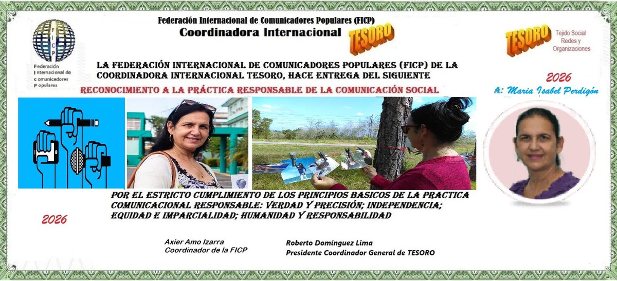 axieramo's tweet photo. La Federación Internacional de Comunicadores Populares destaca  la labor de la periodista María Isabel Perdigón con el reconocimiento a la Práctica Responsable de la Comunicación Social 2026 #periodismo https://t.co/2CE0D1UZVC https://t.co/nKpGOgDfyV