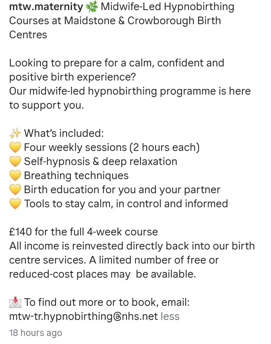catherineroyuk's tweet image. Maidstone and Tunbridge Wells NHS Trust
Midwife-led hypnobirthing courses
instagram.com/p/DWzEDbfEXaa/…