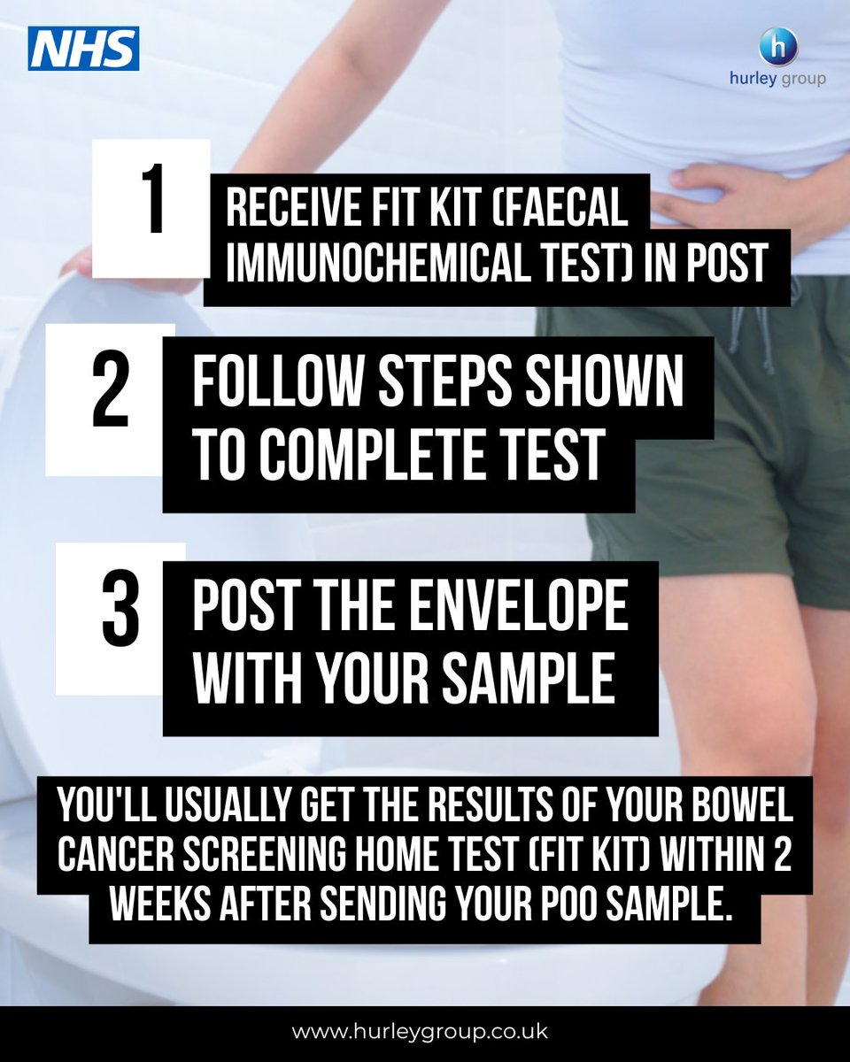 HurleyGroup's tweet photo. Using a bowel screening test can’t prevent bowel cancer but it can help spot cancer at an early stage. When cancer is diagnosed early, nine in ten people survive bowel cancer.

If you're aged 50 to 74 and registered with a GP, you'll automatically get a bowel cancer screening home test kit (FIT kit) through the post every 2 years. Here’s what to do when you receive your FIT kit. 

#BowelCancerAwarenessMonth #NHS