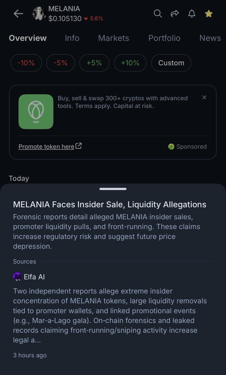 SumDumPhook's tweet image. Was it necessary to send this notification to my phone at 5 in the morning?

Tell me a meme coin  that didn’t have insider sales? 
I just feel like you are trying to make @FLOTUS look bad by highlighting #MELANIA instead of all the other shady stuff that has happened in crypto.
