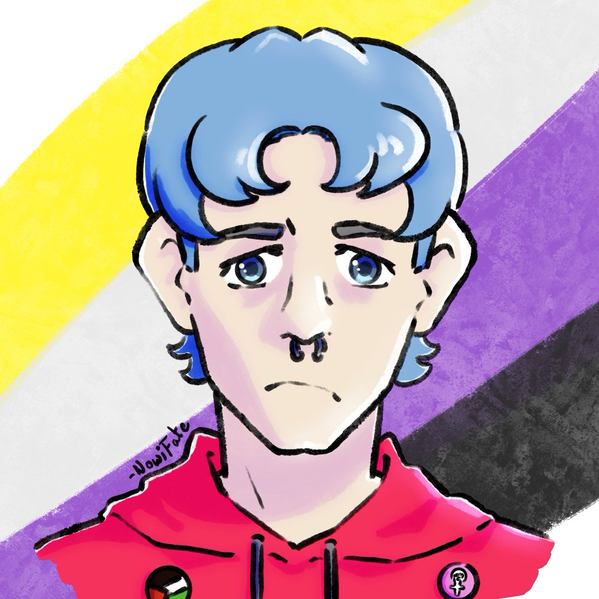 NowiFate_Create's tweet photo. This is the average Non-Binary Profile Picture. 

Anything I missed aside from the blue hair, nosering , mullet and buttons?
#LGBT #Artwork #Woke #Caricature https://t.co/dIYdemnoEW