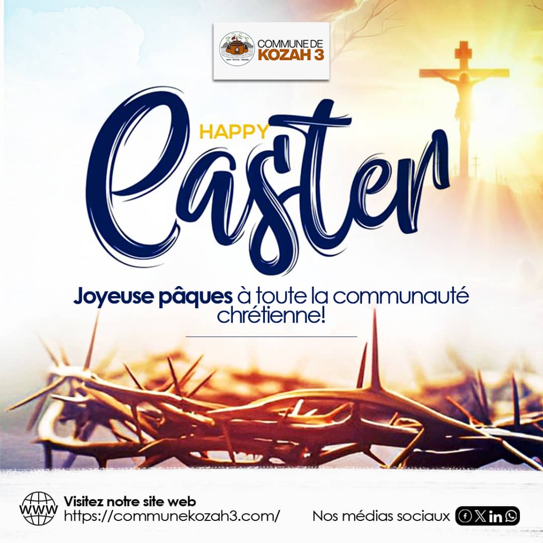 Le Conseil Municipal de la commune Kozah3 vous souhaite une joyeuse Pâque ! 

Que la résurrection de Jésus soit source d'espoir et de joie pour vous et vos proches. 

"Il n'est pas ici, car il est ressuscité comme il l'avait dit.' (Matthieu 28:6)
#JoyeusePâques 
#Résurrection