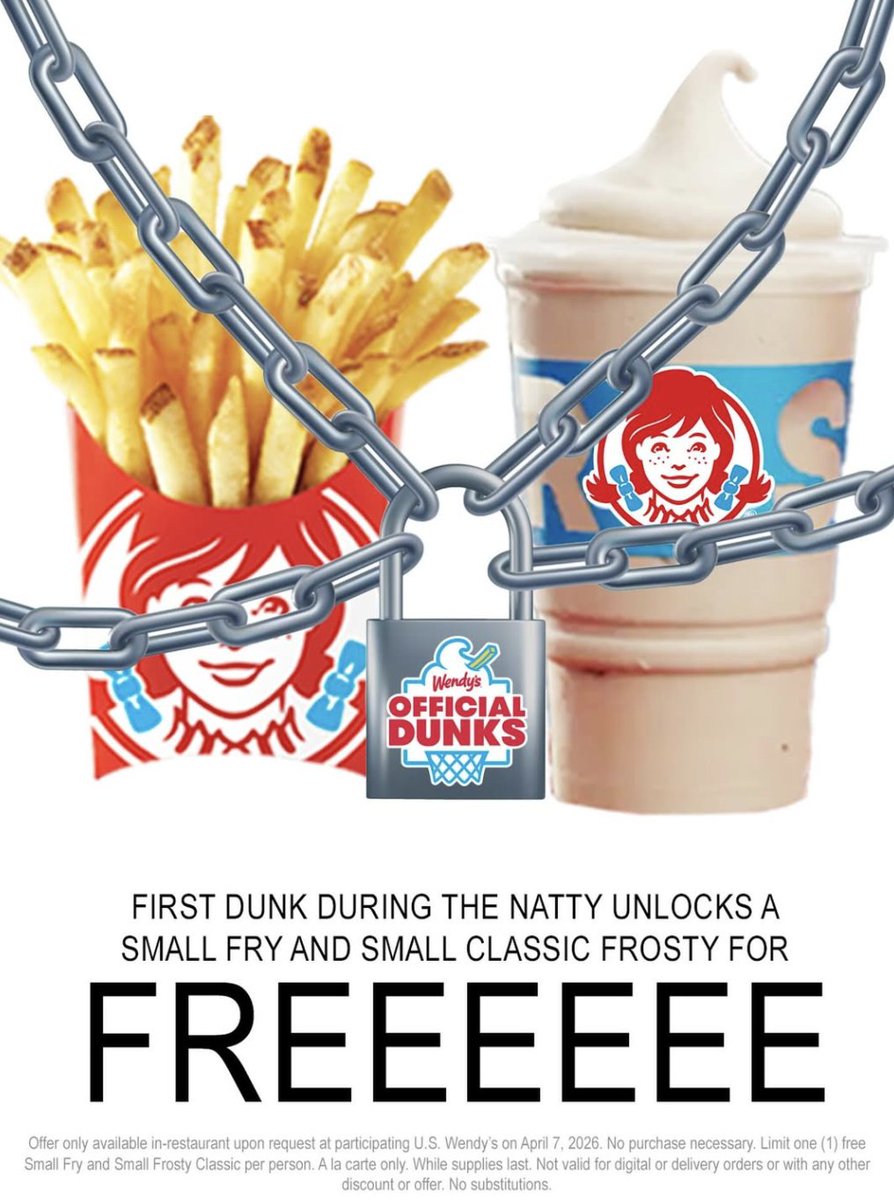 thedealsguy_'s tweet image. FREE WENDY’S LATER TODAY 🍟

After the first dunk during the NCAA Championship, Wendy’s will give out a free small fry + Frosty. In-store only, no purchase needed.

Be ready 👀