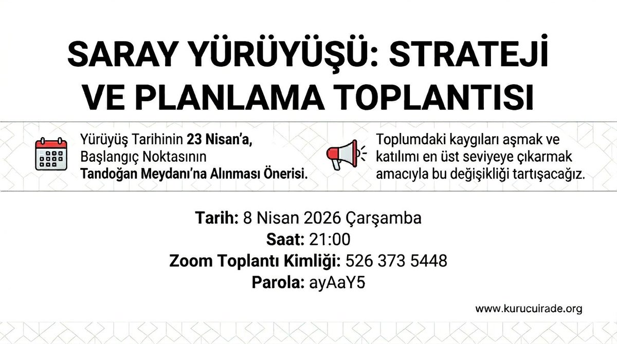 Ortak aklı egemen kılmak için katılımınız önemlidir. Cesaretiniz ve fikirleriniz, bu baskı ortamında açılacak yeni yolun taşlarını döşeyecektir.

Toplantı Bilgileri:
Tarih: 8 Nisan 2026 Çarşamba
Saat: 21:00
Katılım Bağlantısı: us04web.zoom.us/j/5263735448?p…