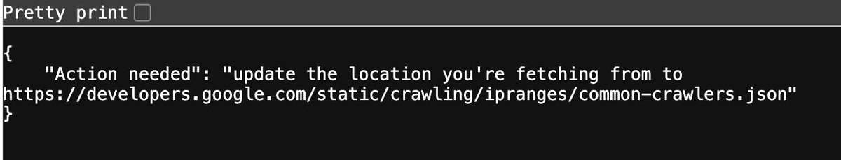 dartseo's tweet photo. Google has switched off the old Googlebot IP list URL earlier than expected. If you're still fetching from the old link, you'll now see an "Action needed" message instead of the JSON data.
https://t.co/yX9HO3Ge55 https://t.co/Gzzd3f3fjr