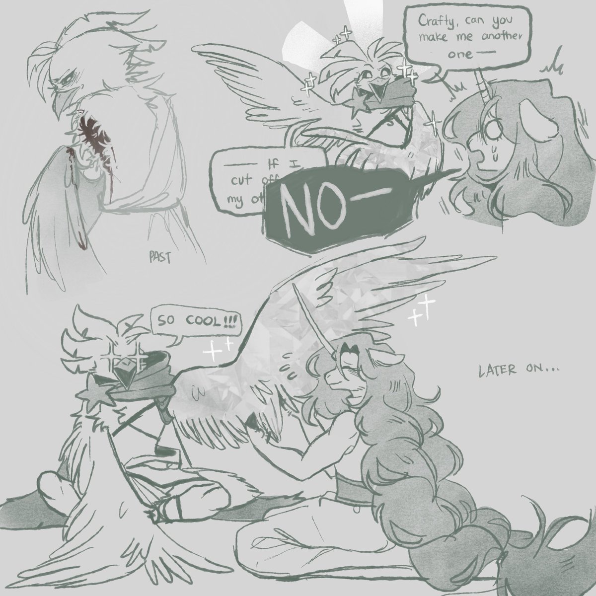 Imma just put his backstory here-

He’s a god of (mostly) travelers and athletes. He had lost one of his wings during the Celestial War (we’ll talk about it soon…maybe).
Thanks to a goddess willing to craft him a prosthetic wing. Helping him fly again and regain his confident!