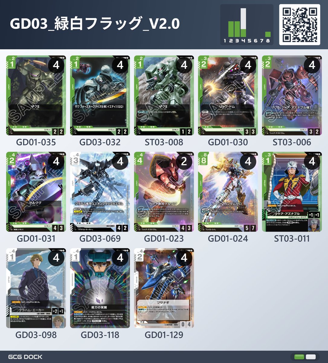 shun_s811's tweet photo. #ガンダムカードゲーム #GCG 
#GD03 #緑白フラッグ
またバウンスアグロ構築です。
もはやフラッグ＋能力の覚醒＋クサナギ入れれば全部バウンスアグロでは？
今度は緑紫ルプスを参考にゼロを挿したので仮に耐えられても奥の手があります。
後攻取ってLv4リンクを能力の覚醒で返すのがオススメです。 https://t.co/vhaDA2yAU1