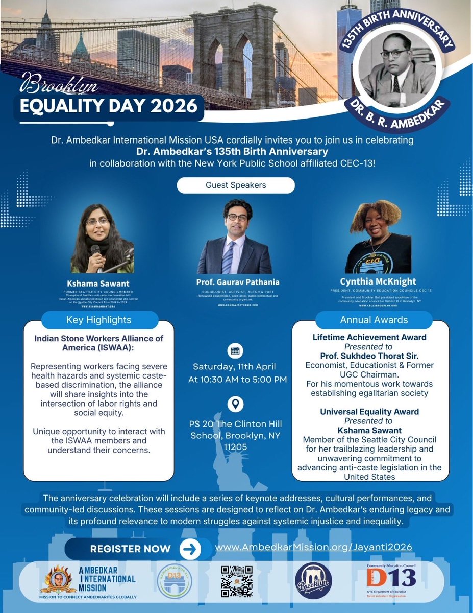 AIMUSA_Info's tweet photo. Join us in celebrating  Dr. Ambedkar’s 135th Birth Anniversary in collaboration with the New York Public School affiliated CEC-13 in Brooklyn, NY on April 11th 2026
Event Details and RSVP Link: https://t.co/sKMp08tONx 
#DrAmbedkarJayanti2026 https://t.co/YZjvRfedC9
