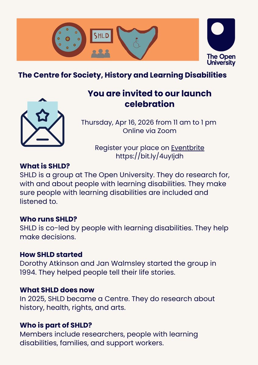 JillianPawlyn's tweet image. The Centre for Society, History and Learning Disabilities

You are invited to our launch celebration
Thursday, Apr 16, 2026, from 11 am to 1 pm
Online via Zoom
Register your place on Eventbrite bit.ly/4uyIjdh

#society #history #learningdisabilities #research #ouldnurses